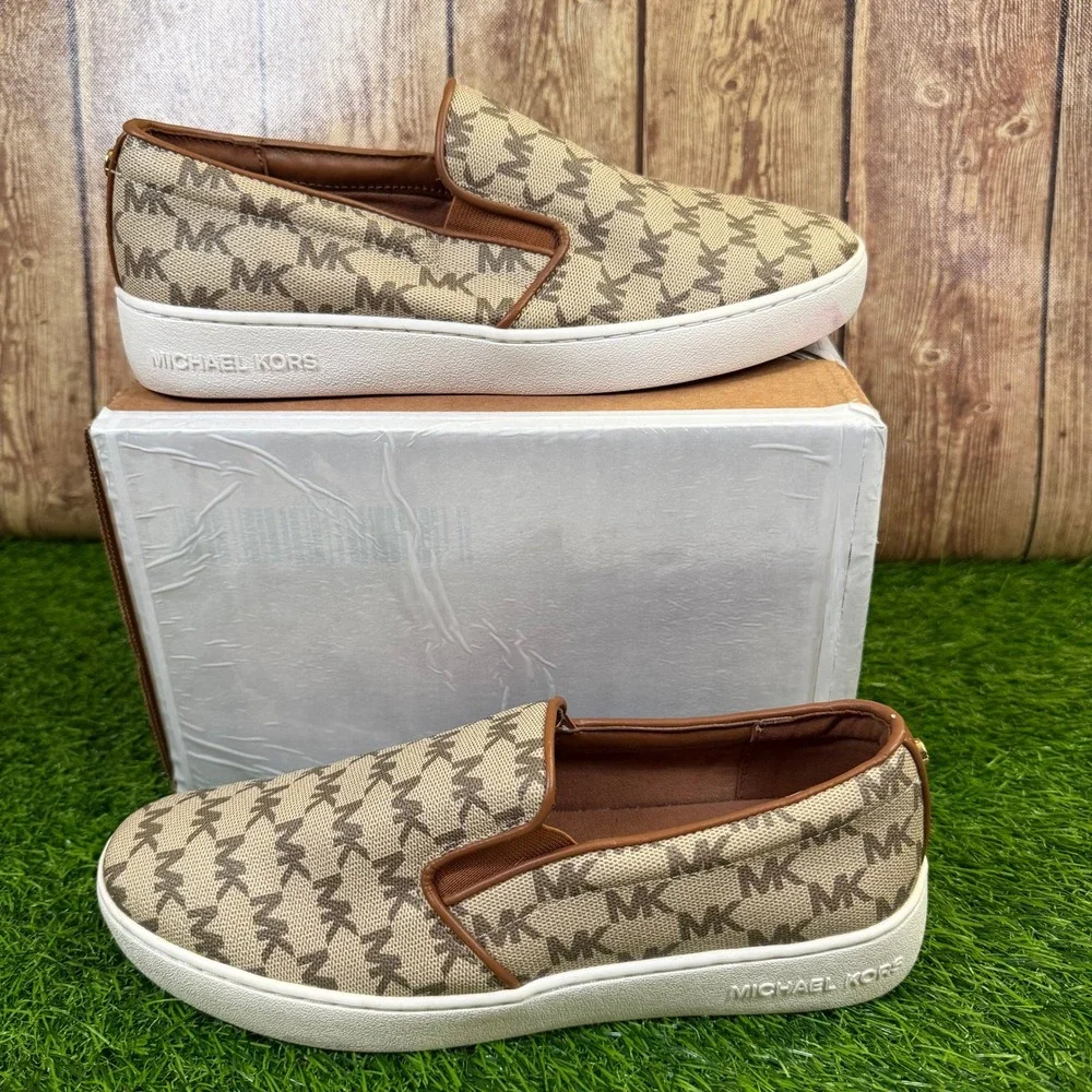 Michael Kors Keaton Slip On Sneakers Womens Size 8 Brown Logo Monogram Casual